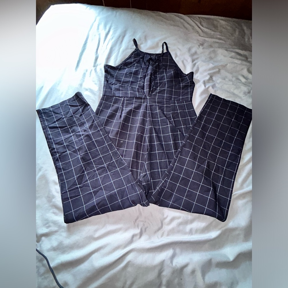 Women's Black and White Box Striped Jumpsuit - Picture 2 of 3